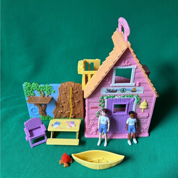 Fisher Price Sweet Streets dollhouse CAMP CABIN Canoe Firepit table DOLL lot - Picture 1 of 6